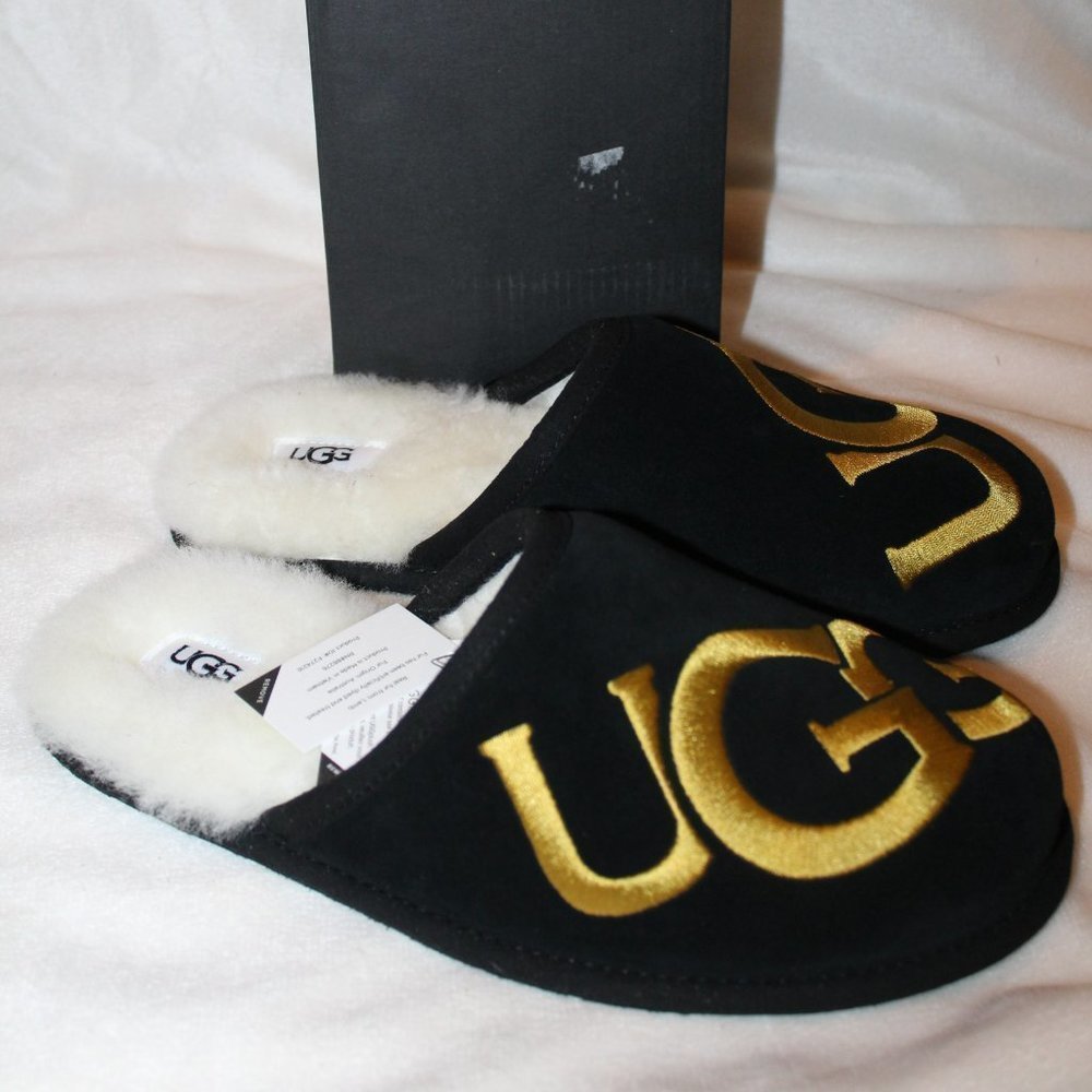 NIB UGG MEN'S LOGO SCUFF SUEDE SHEARLING SLIP ON SLIPPER‎ BLACK GOLD 8